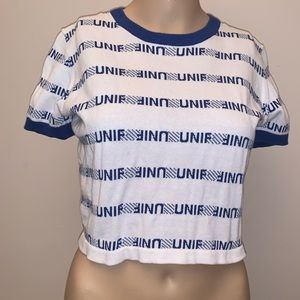 UNIF Zag Top blue and white logo crop top